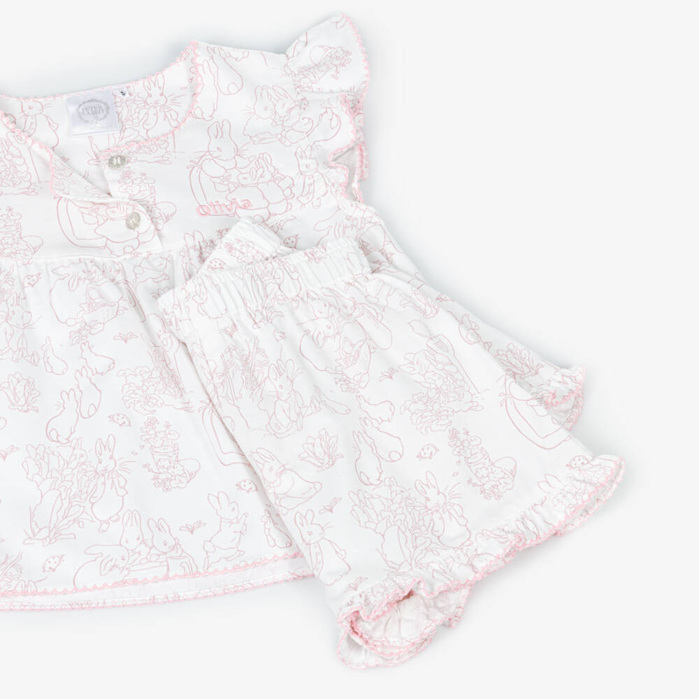 Peter Rabbit™ by Childrensalon-Girls Personalised White & Pink Short Pyjamas | Childrensalon Outlet