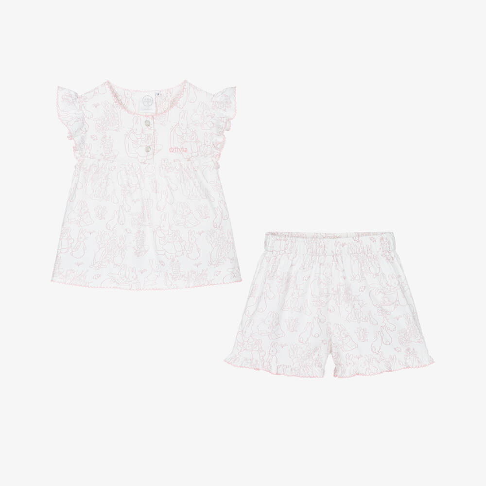 Peter Rabbit™ by Childrensalon-Girls Personalised White & Pink Short Pyjamas | Childrensalon Outlet