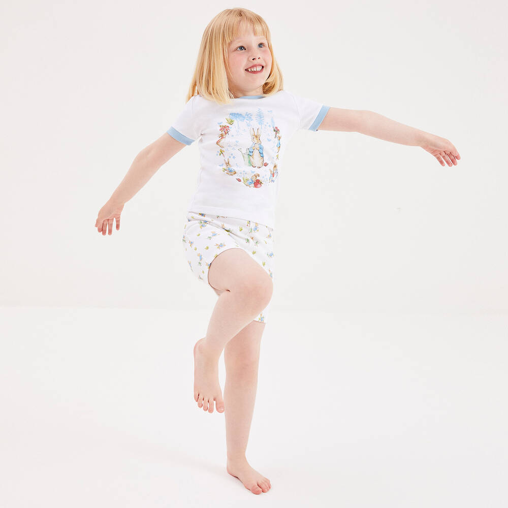 بيتر رابِت باي تشلدرن صالون-بيجاما شورت قطن جيرسي لون أبيض و أزرق | Childrensalon Outlet