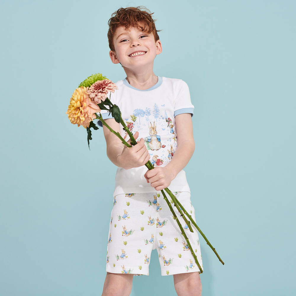 بيتر رابِت باي تشلدرن صالون-بيجاما شورت قطن جيرسي لون أبيض و أزرق | Childrensalon Outlet