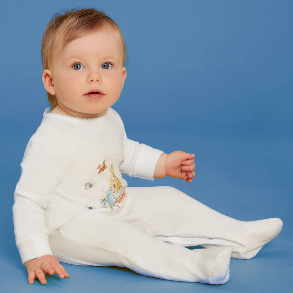 Peter Rabbit™ by Childrensalon-White Cotton Jersey Babygrow  | Childrensalon Outlet