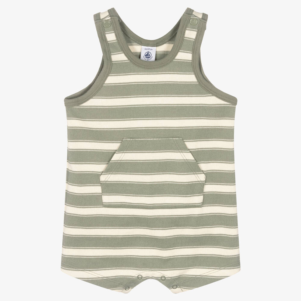 Petit Bateau - Barboteuse verte rayée en coton | Childrensalon