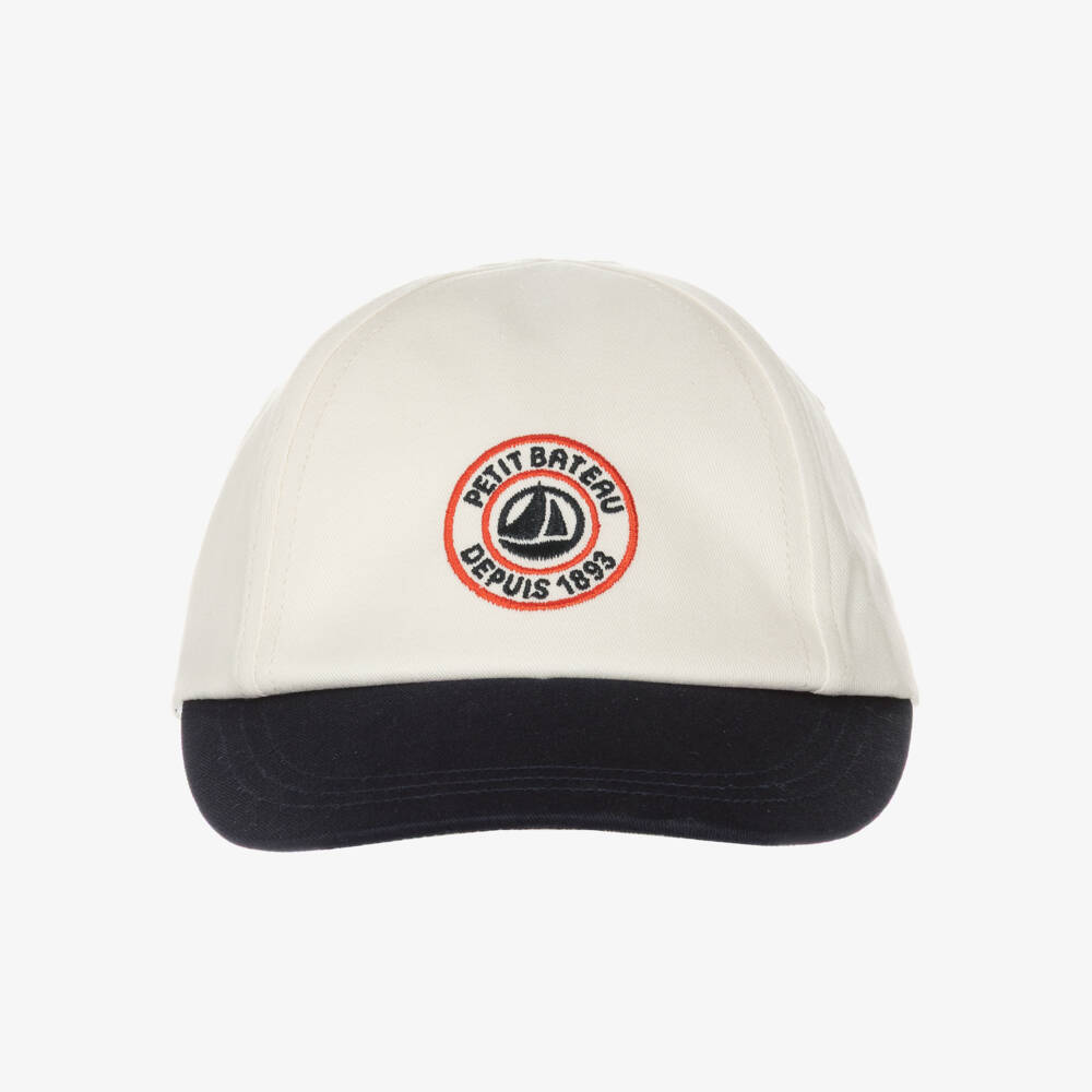 Petit Bateau-Baby Boys Ivory Cotton Twill Cap with Navy Blue Peak | Childrensalon Outlet