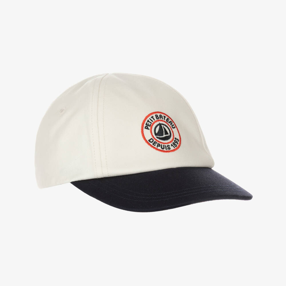 Petit Bateau-Baby Boys Ivory Cotton Twill Cap with Navy Blue Peak | Childrensalon Outlet