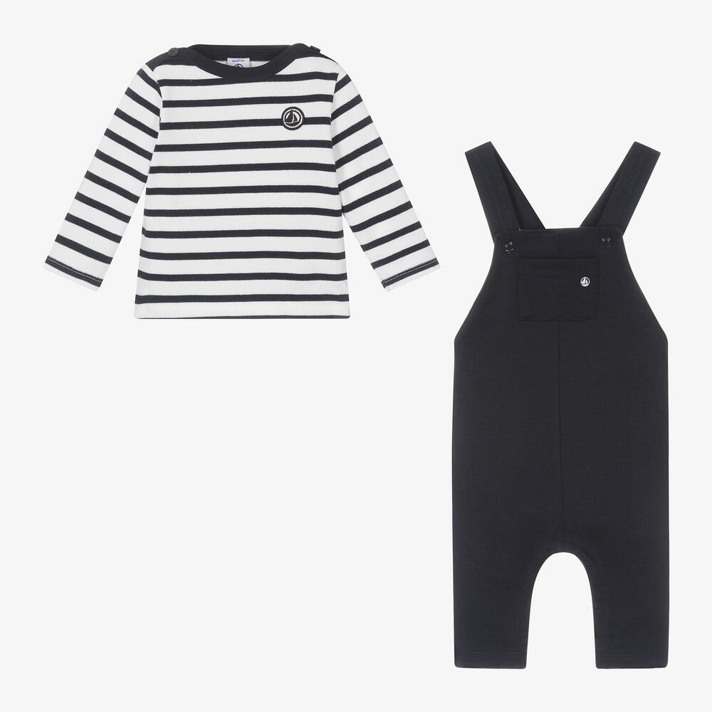 Petit Bateau-Baby Boys Navy Blue Cotton Dungaree Set | Childrensalon Outlet