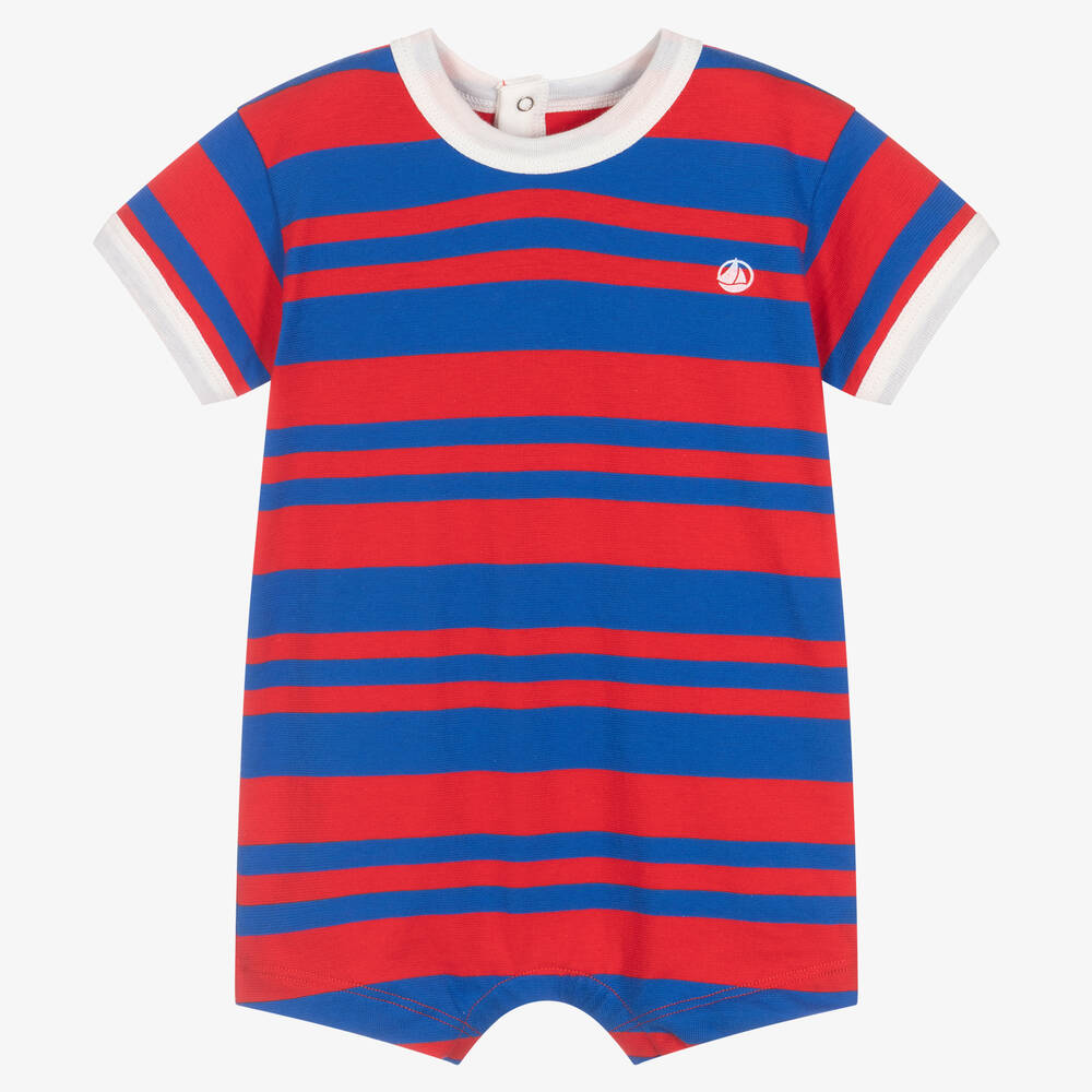 Petit Bateau - Barboteuse rouge et bleu rayée | Childrensalon