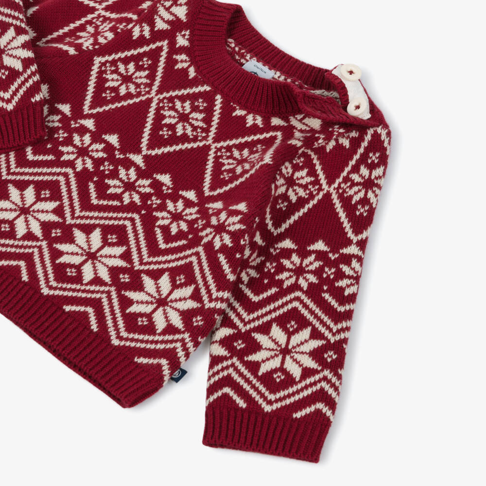 Petit Bateau-Baby Boys Red Wool & Cotton Knit Festive Fair Isle Sweater | Childrensalon Outlet