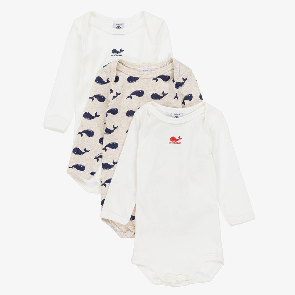 Petit Bateau - Baby Boys White & Beige Bodyvests (3 Pack) | Childrensalon