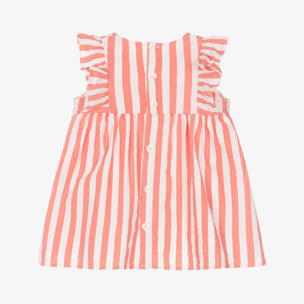 Petit Bateau-Baby Girls Coral Pink & White Striped Cotton Dress | Childrensalon Outlet