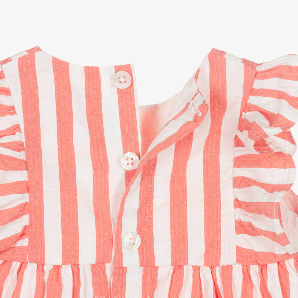 Petit Bateau-Baby Girls Coral Pink & White Striped Cotton Dress | Childrensalon Outlet