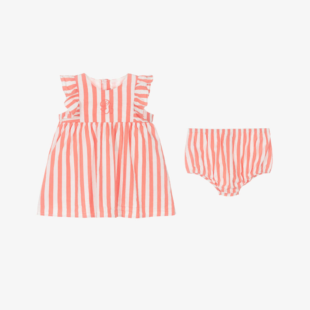 Petit Bateau-Baby Girls Coral Pink & White Striped Cotton Dress | Childrensalon Outlet