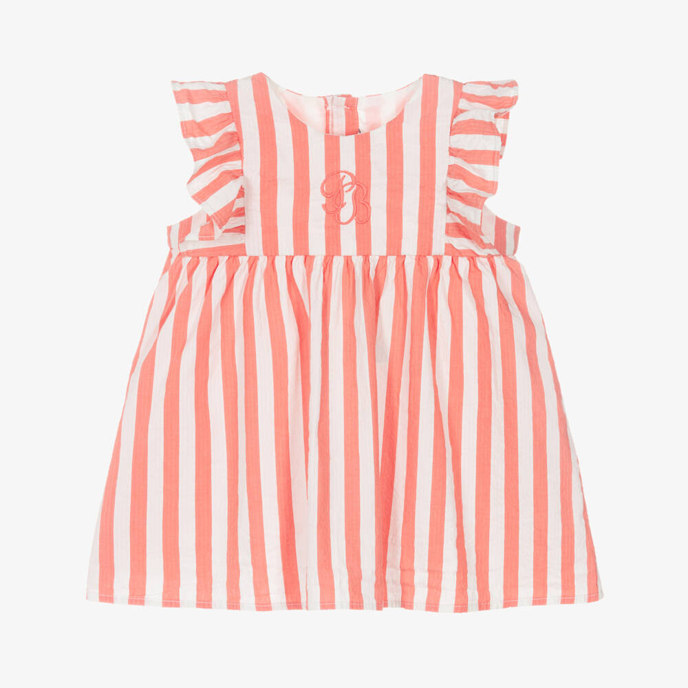 Petit Bateau-Baby Girls Coral Pink & White Striped Cotton Dress | Childrensalon Outlet