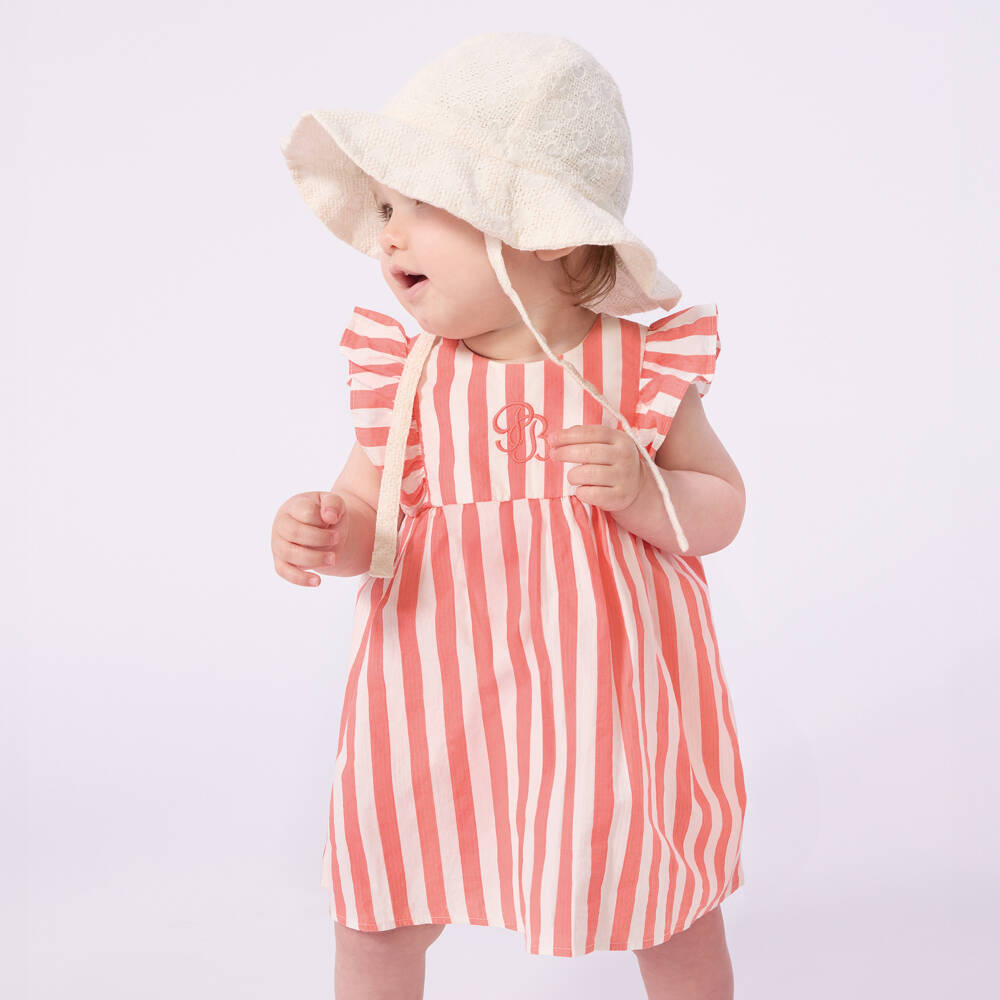 Petit Bateau-Baby Girls Coral Pink & White Striped Cotton Dress | Childrensalon Outlet
