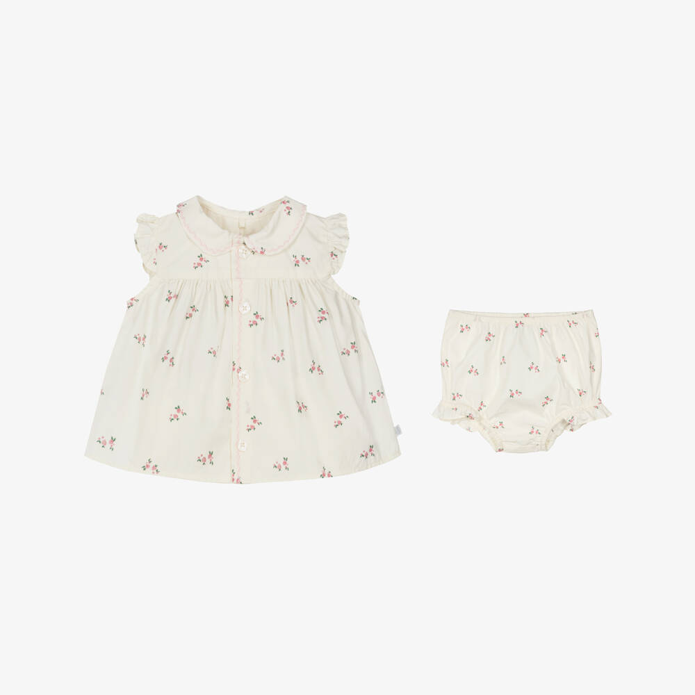 Petit Bateau-Baby Girls Ivory Cotton Shorts Set with Pink Floral Print | Childrensalon Outlet