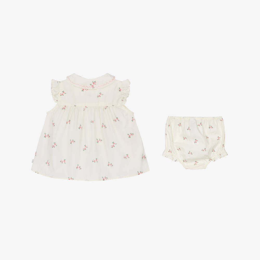 Petit Bateau-Baby Girls Ivory Cotton Shorts Set with Pink Floral Print | Childrensalon Outlet