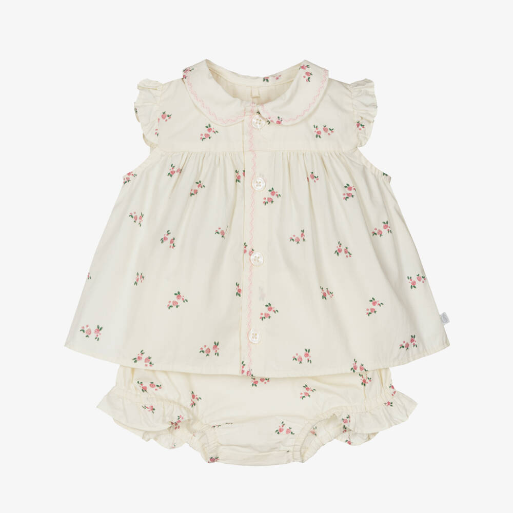 Petit Bateau-Baby Girls Ivory Cotton Shorts Set with Pink Floral Print | Childrensalon Outlet