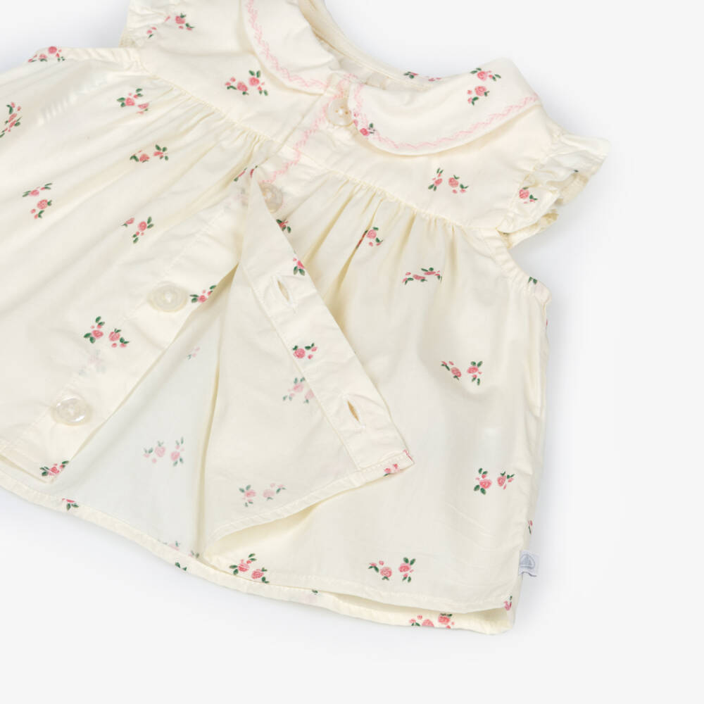 Petit Bateau-Baby Girls Ivory Cotton Shorts Set with Pink Floral Print | Childrensalon Outlet