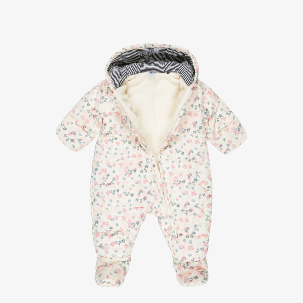 Petit Bateau-Baby Girls Ivory & Pink Floral Padded Snowsuit | Childrensalon Outlet
