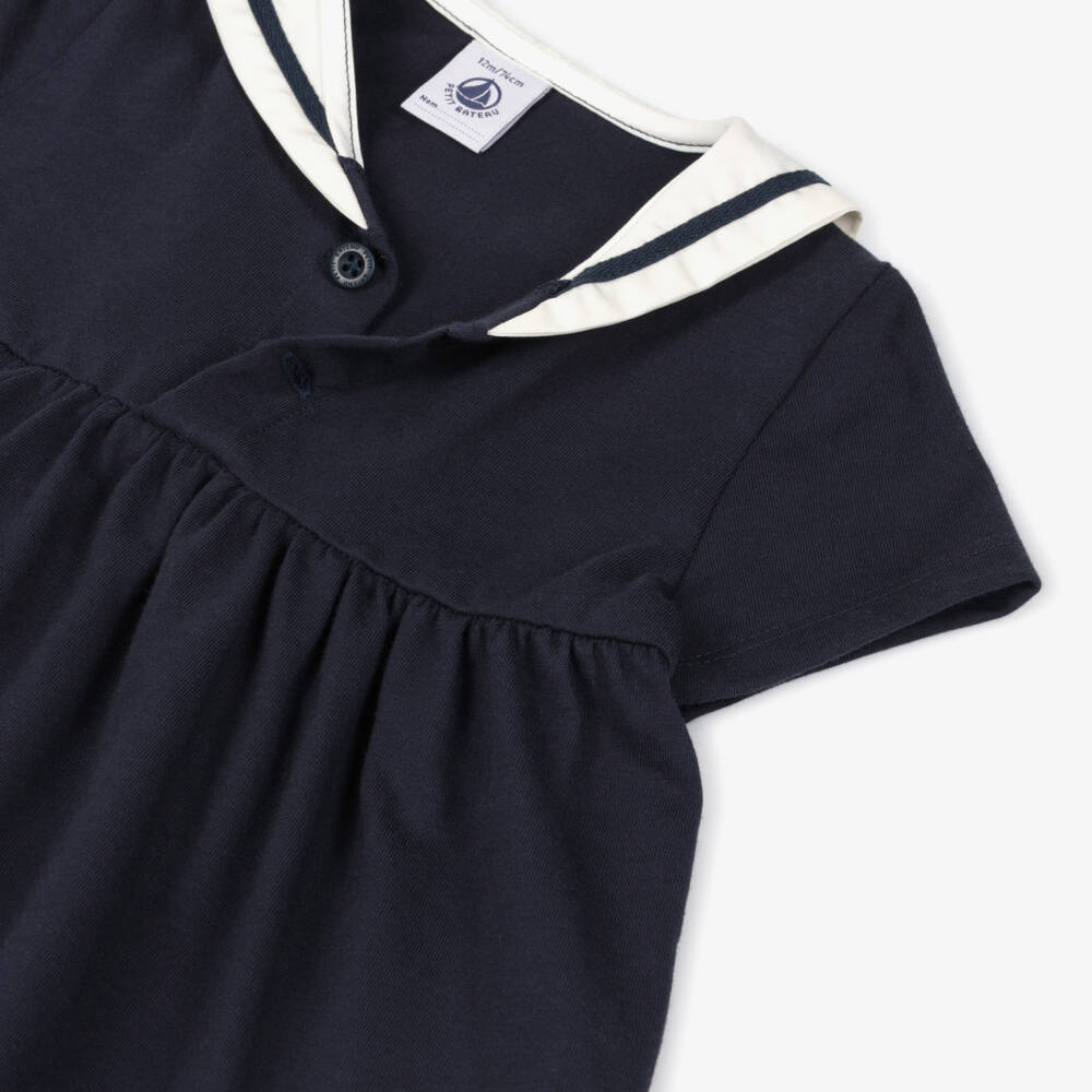 Petit Bateau-Baby Girls Navy Blue Cotton Dress with Sailor Collar | Childrensalon Outlet