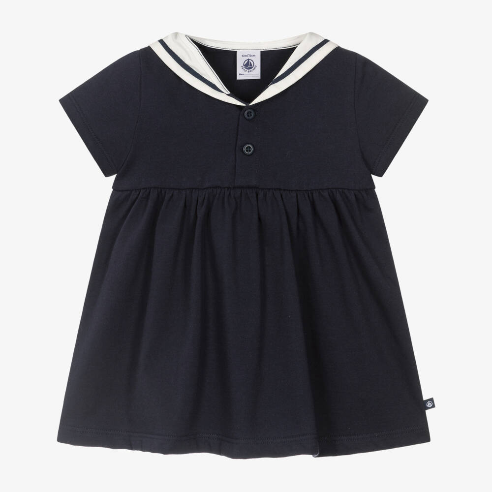 Petit Bateau-Baby Girls Navy Blue Cotton Dress with Sailor Collar | Childrensalon Outlet