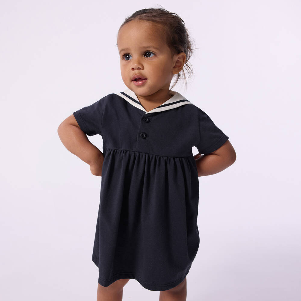 Petit Bateau-Baby Girls Navy Blue Cotton Dress with Sailor Collar | Childrensalon Outlet