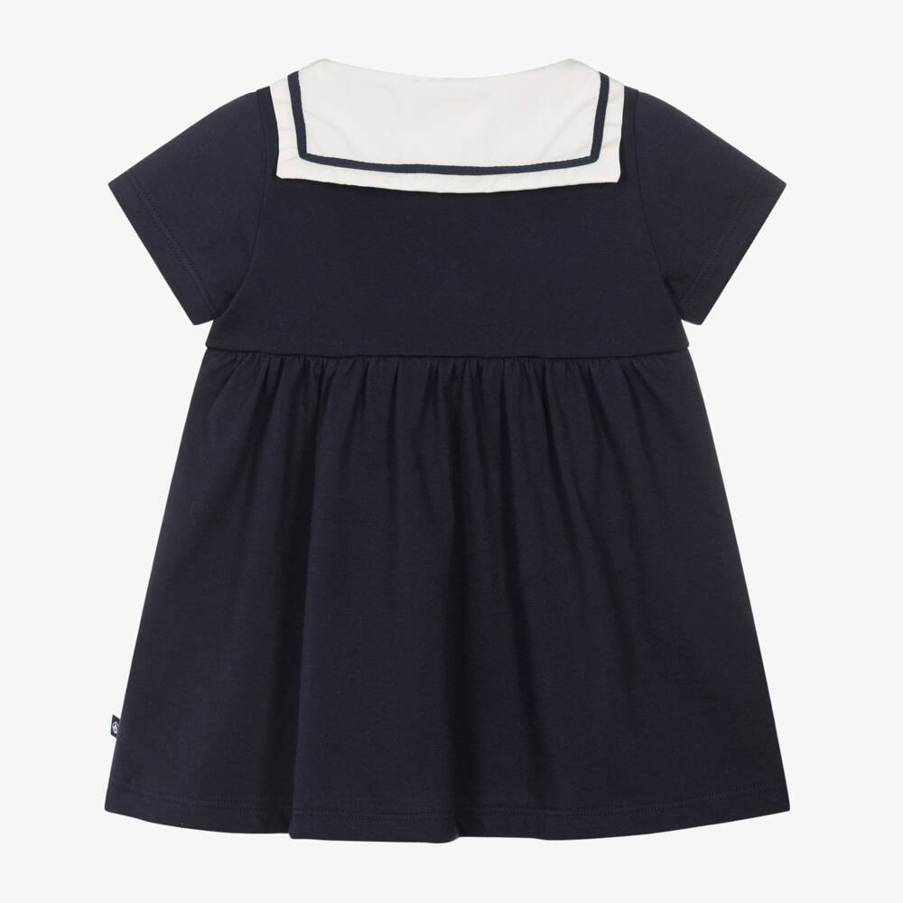 Petit Bateau-Baby Girls Navy Blue Cotton Dress with Sailor Collar | Childrensalon Outlet