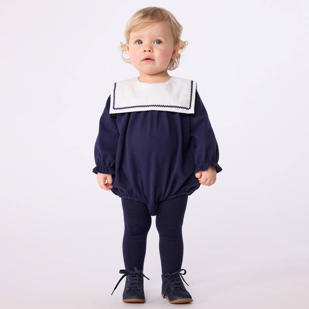 Petit Bateau-Baby Girls Navy Blue Cotton Jersey Sailor Collar Shortie | Childrensalon Outlet