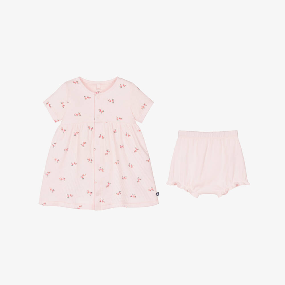 Petit Bateau-Baby Girls Pale Pink Pointelle Cotton Floral Dress Set | Childrensalon Outlet