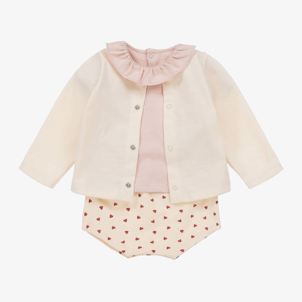Petit Bateau-Baby Girls Pink Heart Cotton Shorts Set | Childrensalon Outlet