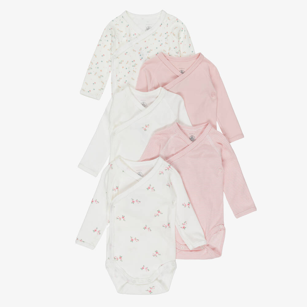 Petit Bateau-Baby Girls Pink & Ivory Cotton Bodysuits (5 Pack) | Childrensalon Outlet