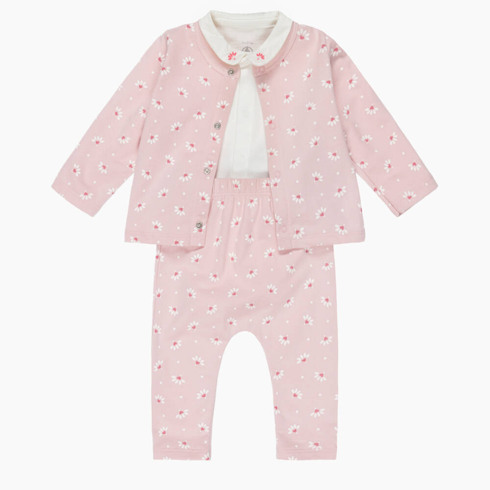 Petit Bateau-Baby Girls Pink & Ivory Floral Cotton Trouser Set | Childrensalon Outlet