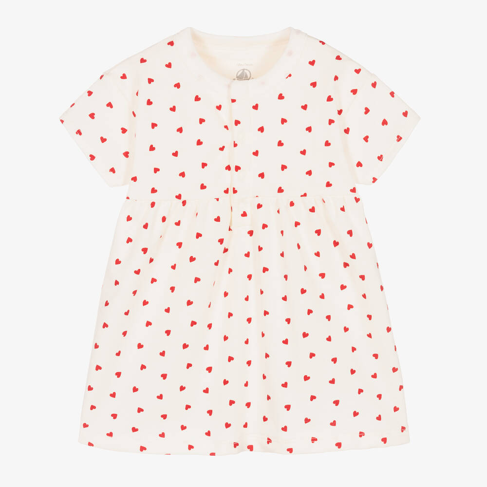 Petit Bateau - فستان قطن عضوي لون أبيض وأحمر للمولودات | Childrensalon