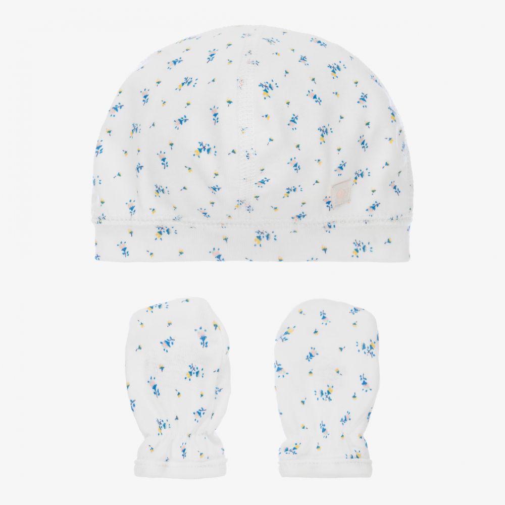Petit Bateau - طقم قبعة وقفازات قطن عضوي لون أبيض للمولودات | Childrensalon