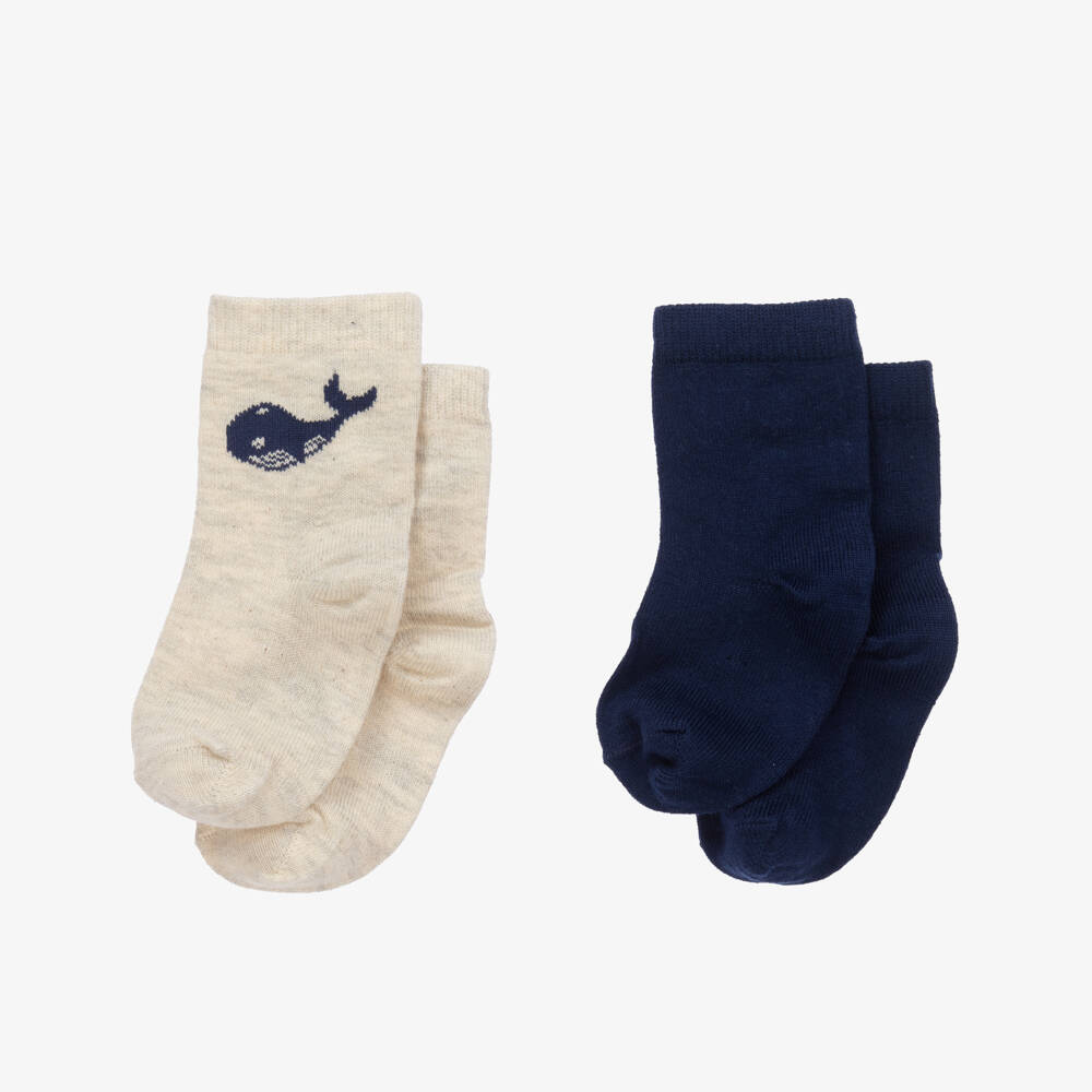 Petit Bateau-Beige & Blue Cotton Whale Socks (2 Pack) | Childrensalon Outlet