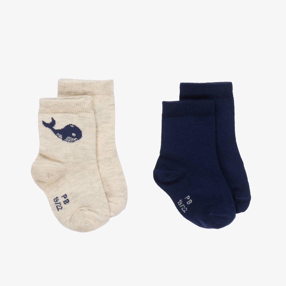 Petit Bateau-Beige & Blue Cotton Whale Socks (2 Pack) | Childrensalon Outlet