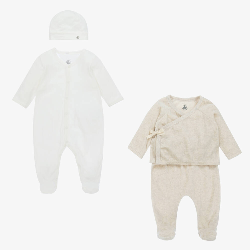 Beige Cotton Velour Babygrow Set