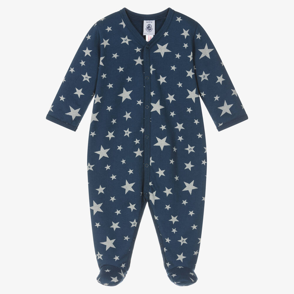 Petit Bateau - Blue Cotton Star Print Babygrow | Childrensalon