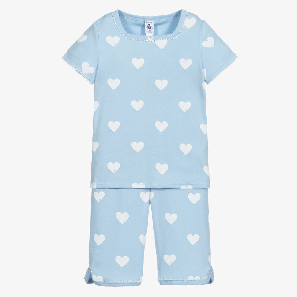 Petit Bateau - Blauer, kurzer Pyjama mit Herzen | Childrensalon