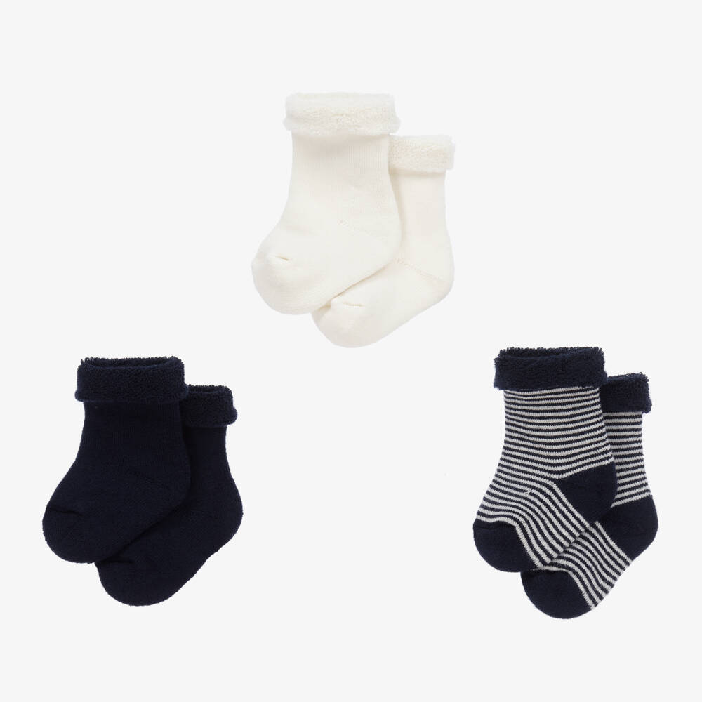 Petit Bateau-Blue & Ivory Baby Socks (3 Pack) | Childrensalon Outlet