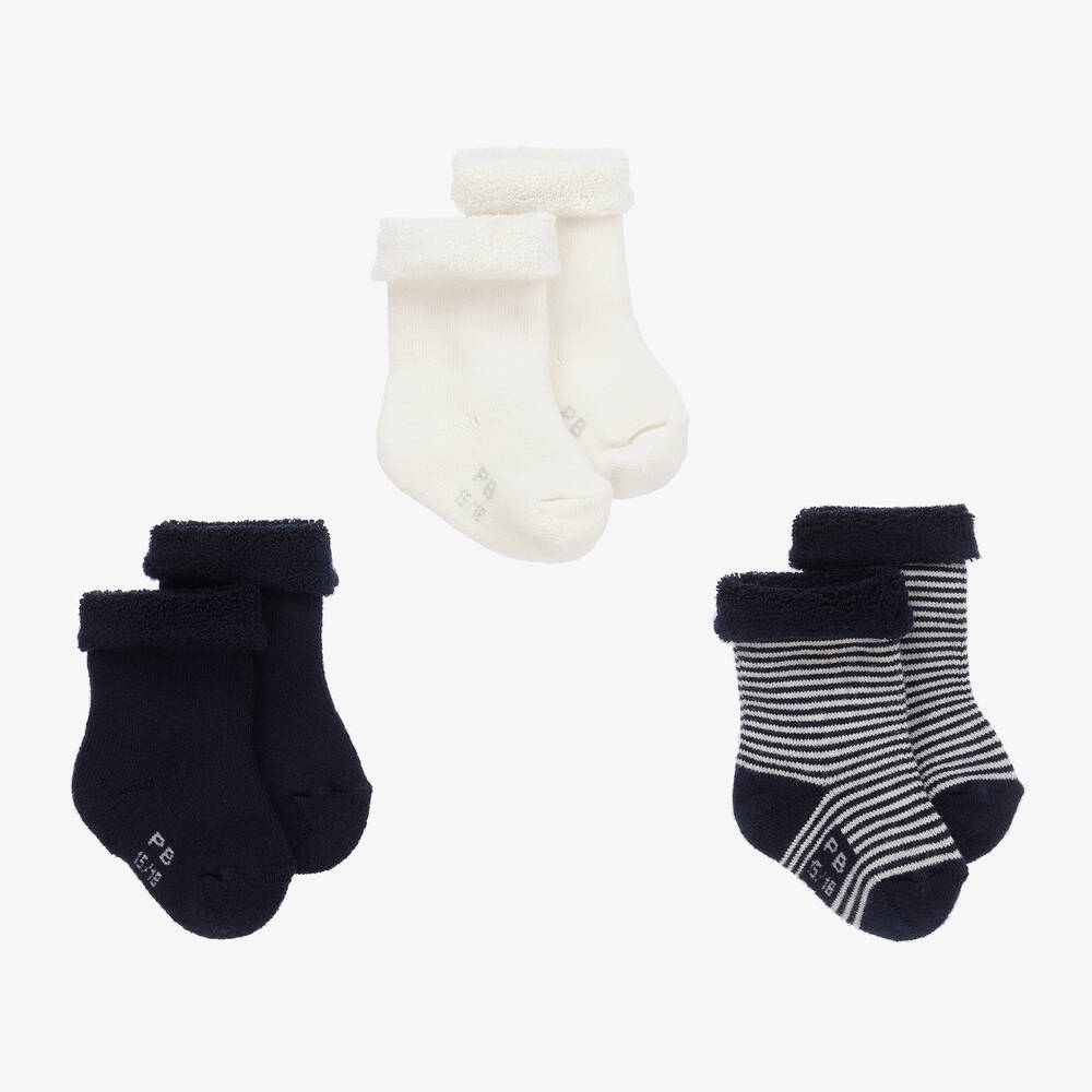 Petit Bateau-Blue & Ivory Baby Socks (3 Pack) | Childrensalon Outlet