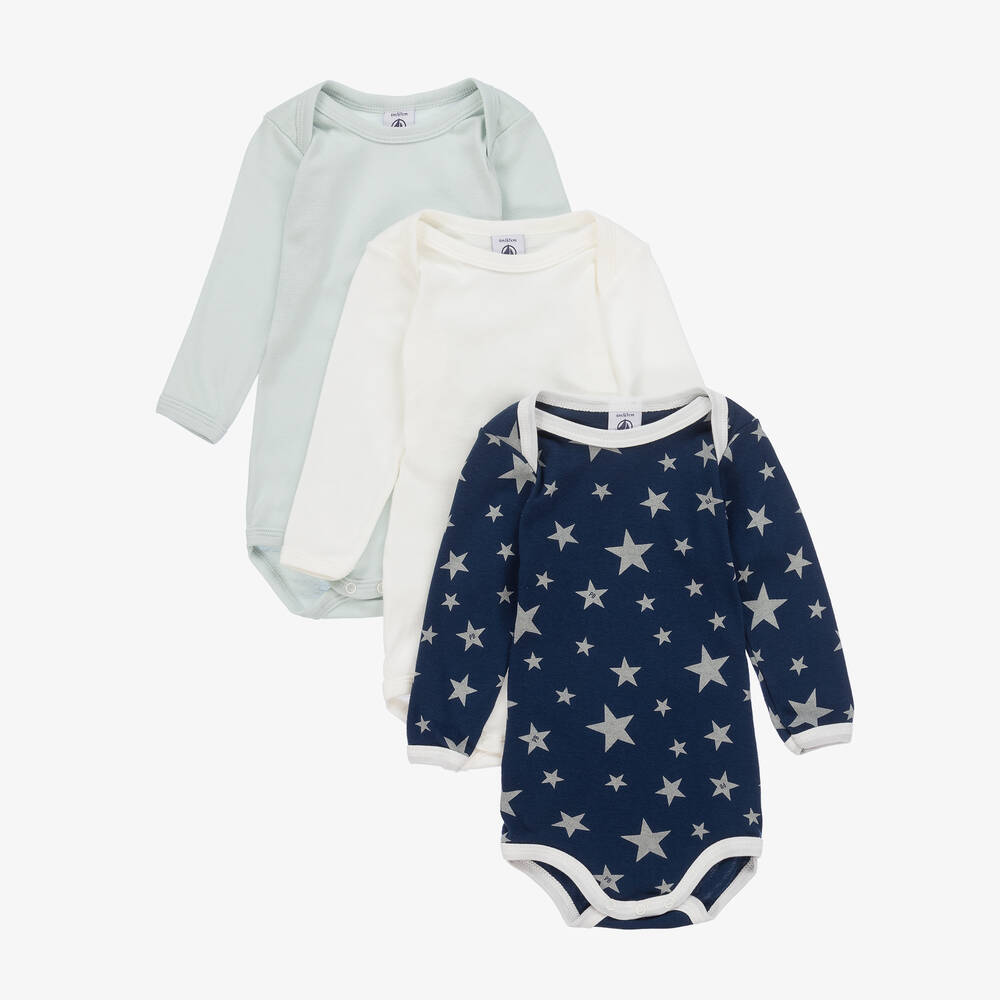 Petit Bateau - Blue & Ivory Cotton Bodyvests (3 pack) | Childrensalon