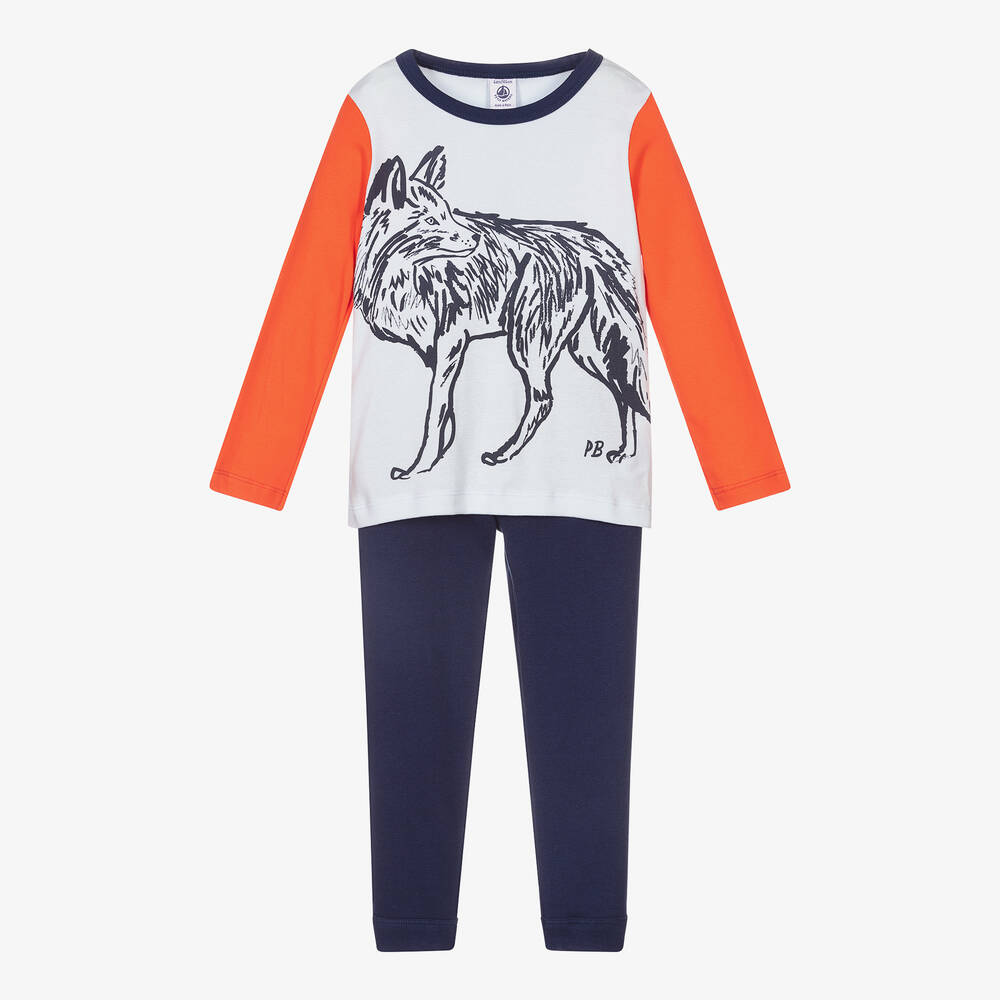 Petit Bateau - Оранжево-синяя пижама с волком | Childrensalon