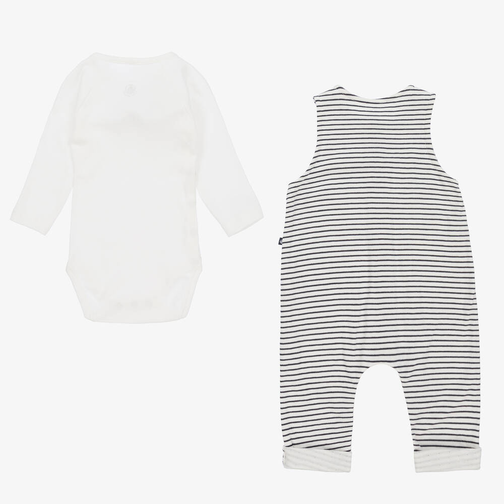 Babyhug 100% Cotton Knit Animal Print Dungaree with Full Sleeves Stripe Inner Tee - Orange & Light Blue main image 0