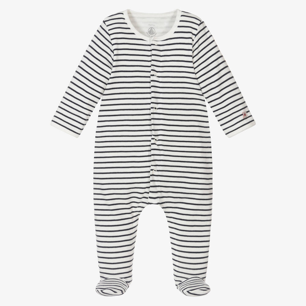Petit Bateau - Blue Striped Cotton Babygrow | Childrensalon