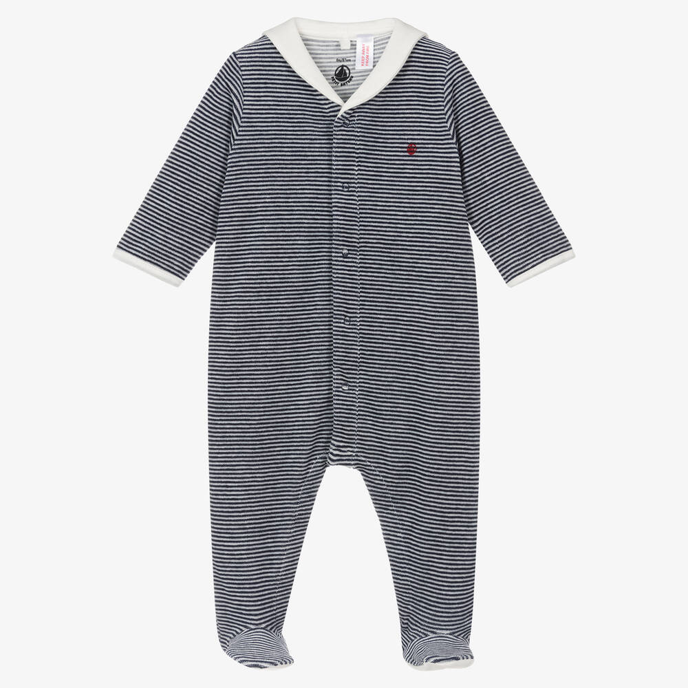 Petit Bateau-Blue & White Striped Velour Babygrow | Childrensalon Outlet