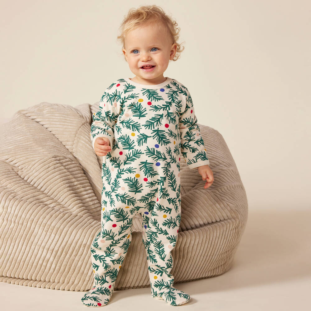 Petit Bateau-Boys Beige & Green Christmas Babygrow | Childrensalon Outlet