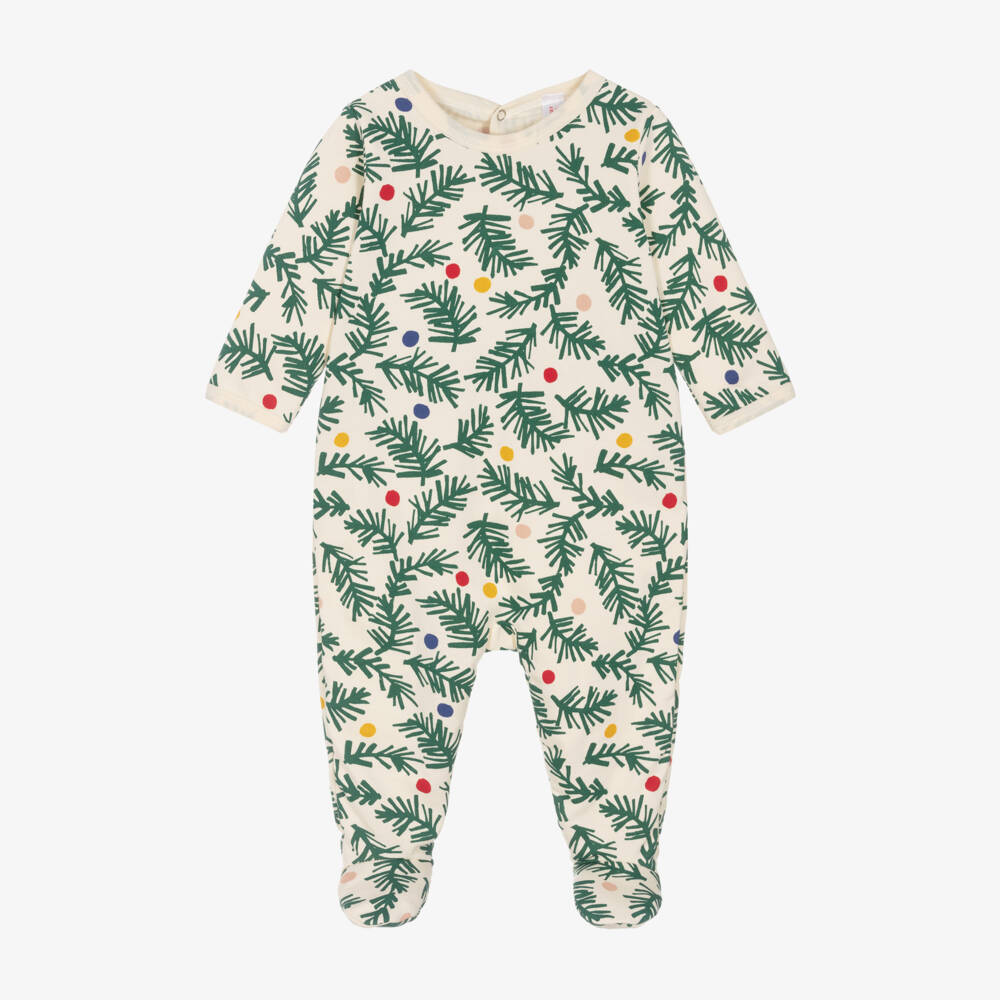 Petit Bateau-Boys Beige & Green Christmas Babygrow | Childrensalon Outlet