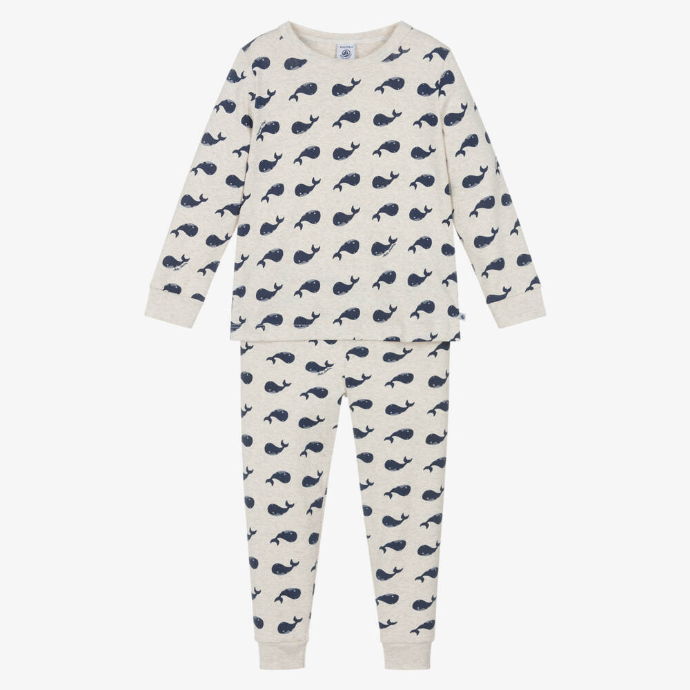 Petit Bateau-Boys Beige Marl Cotton Jersey Pyjamas with Blue Whale Print | Childrensalon Outlet