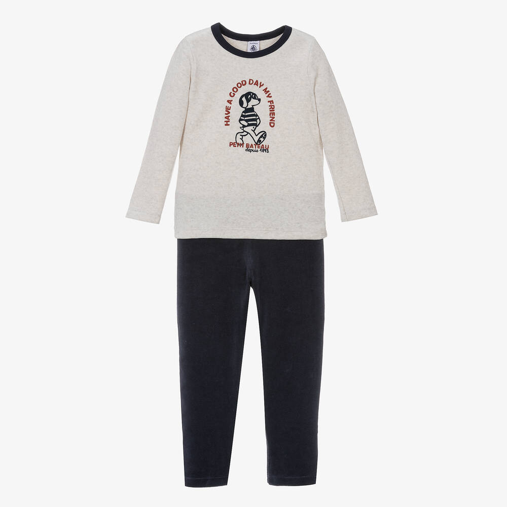 Petit Bateau - Velours-Schlafanzug Beige/Navyblau | Childrensalon