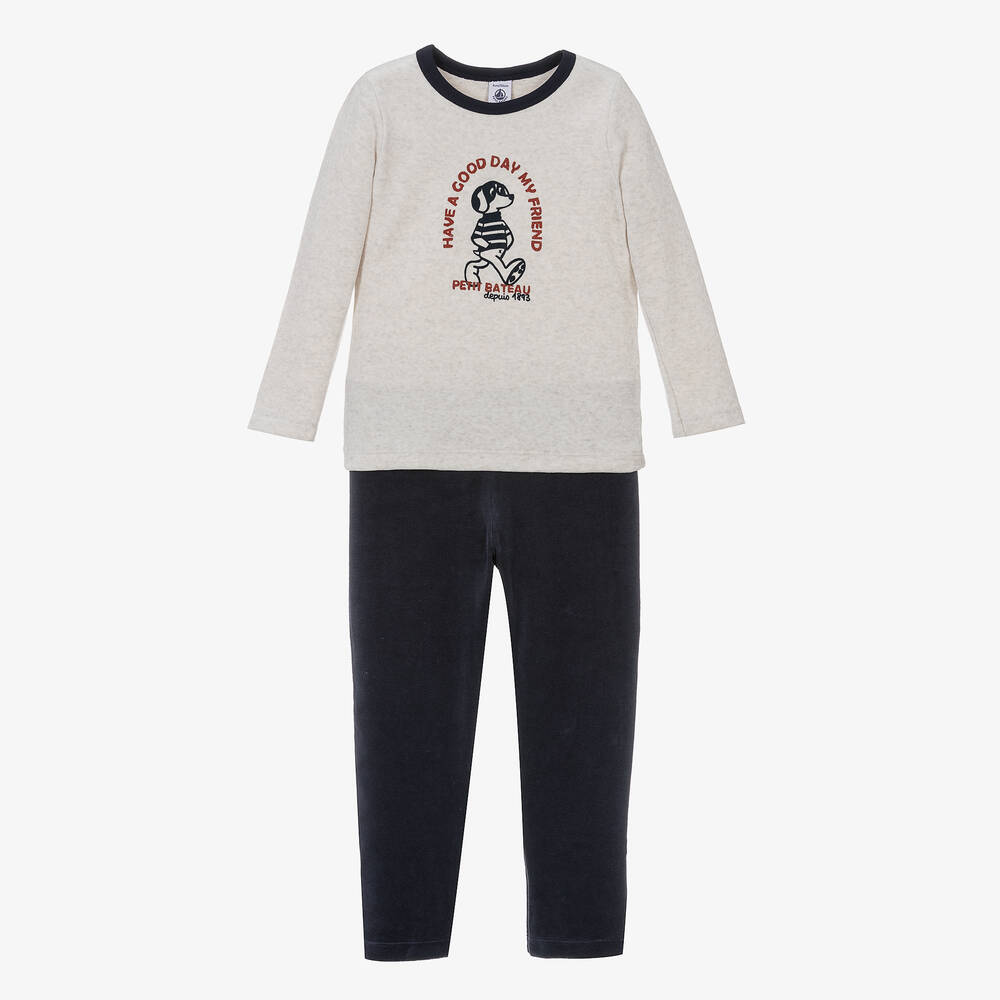 Petit Bateau - Boys Beige & Navy Blue Velour Pyjamas | Childrensalon